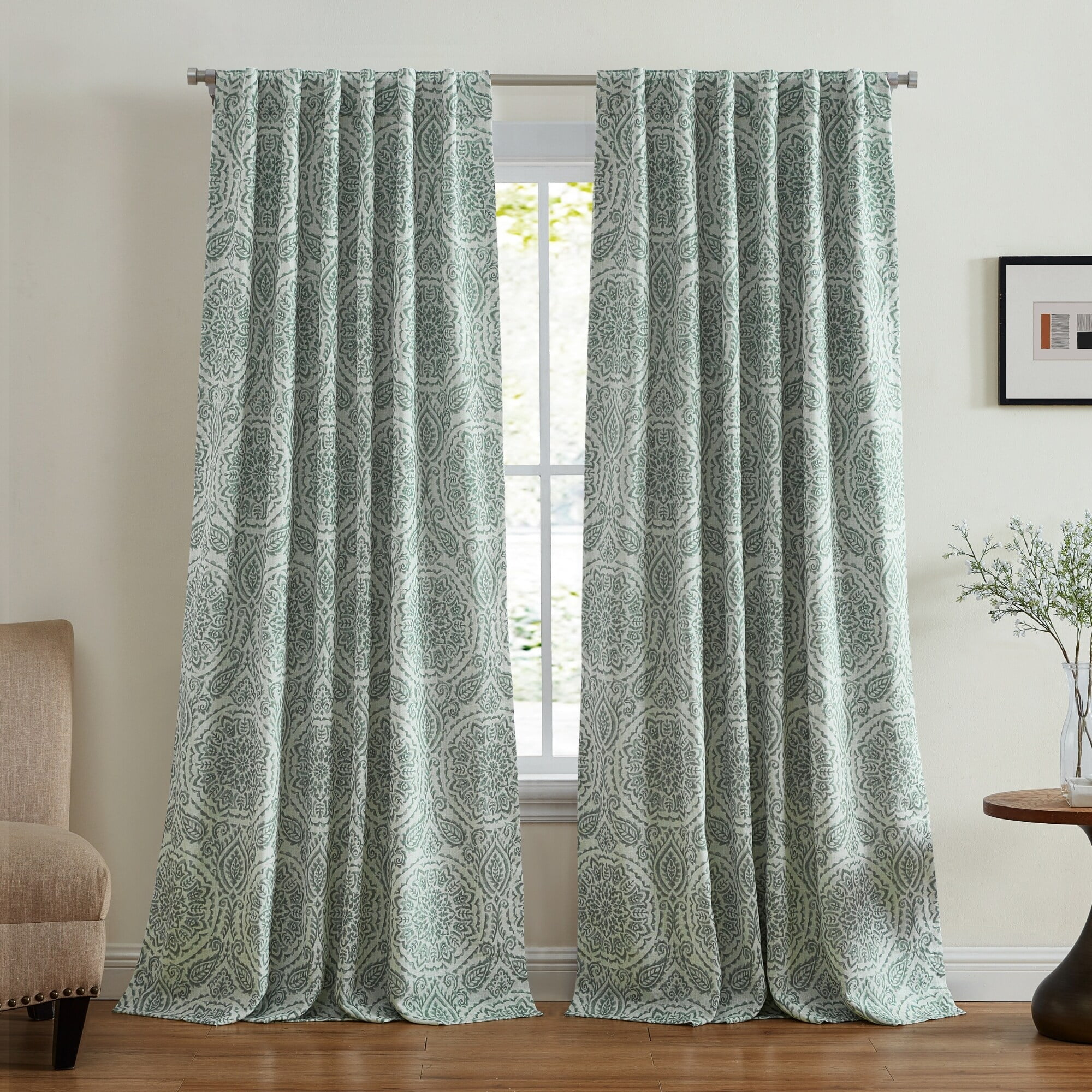 Sage Medallion Blackout Linen-Polyester Pleated Window Drapes