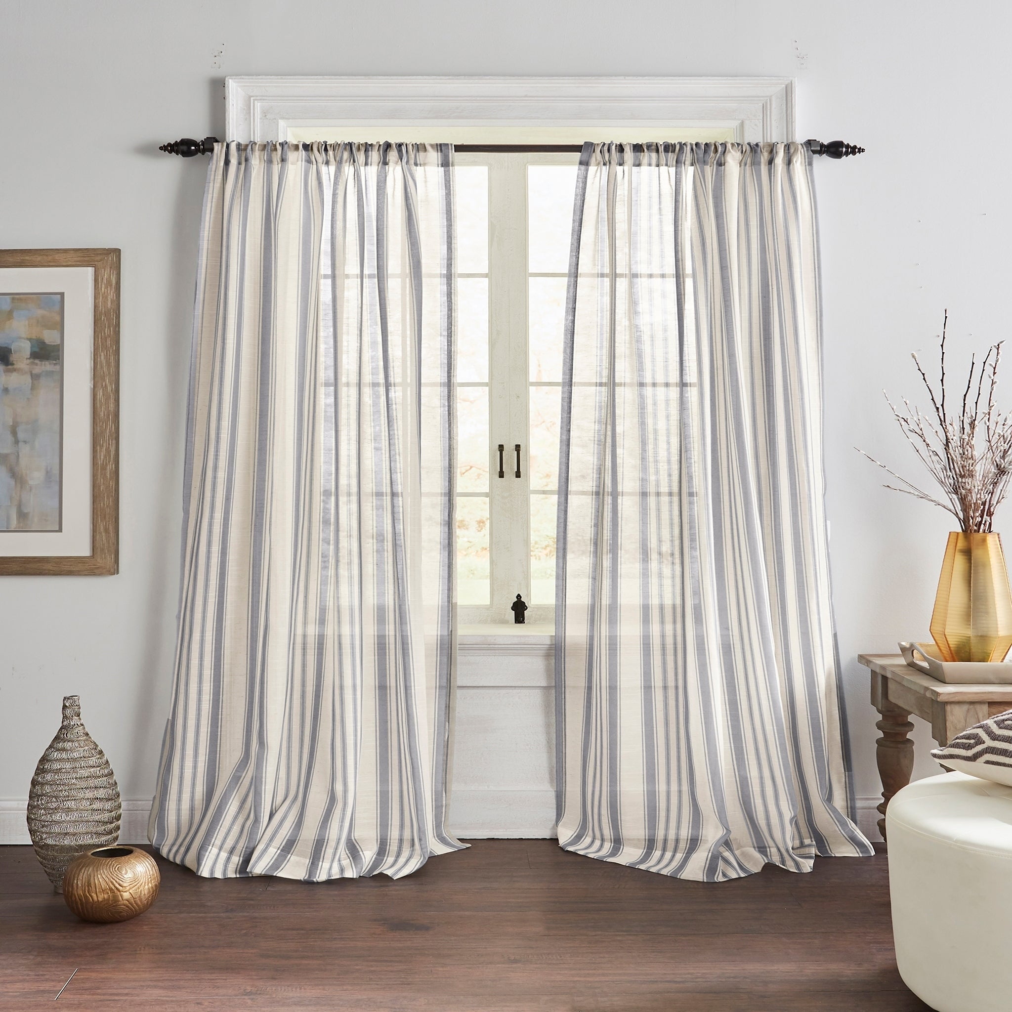 Gray Sheer Striped Cotton Linen Rod Pocket Curtain Panel