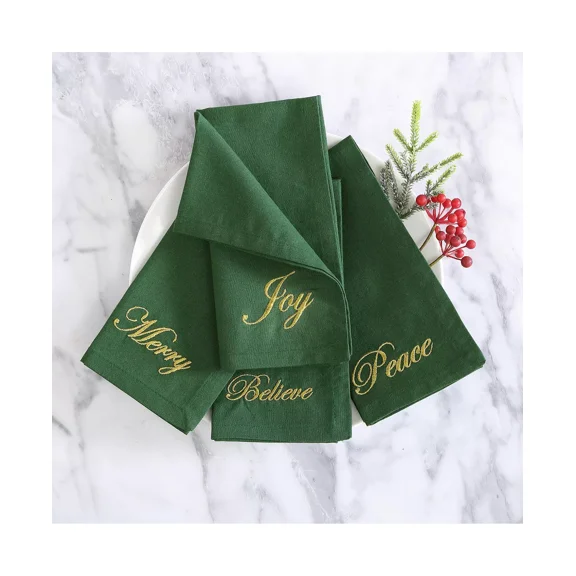 Elrene Holiday Sentiments Napkins, Set of 4 - 17"x17" Green
