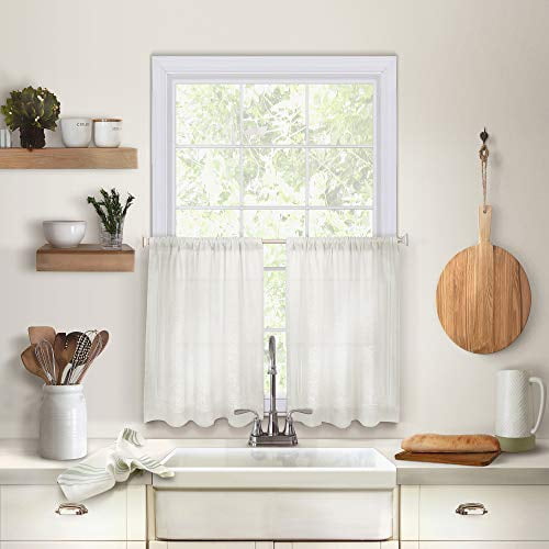 White Linen Blend Light-Filtering Kitchen Tier Curtains, 24" x 30"