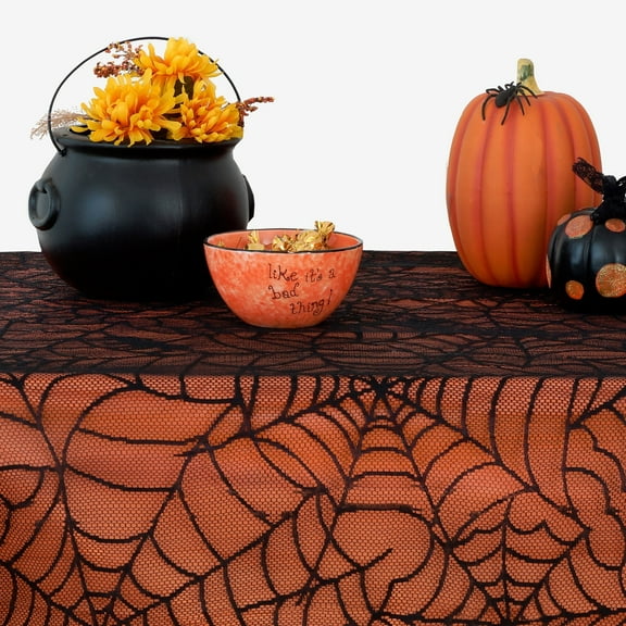 Elrene Home Fashions Crawling Halloween Spider Web Lace Lined Tablecloth, 60" x 84", Black/Orange