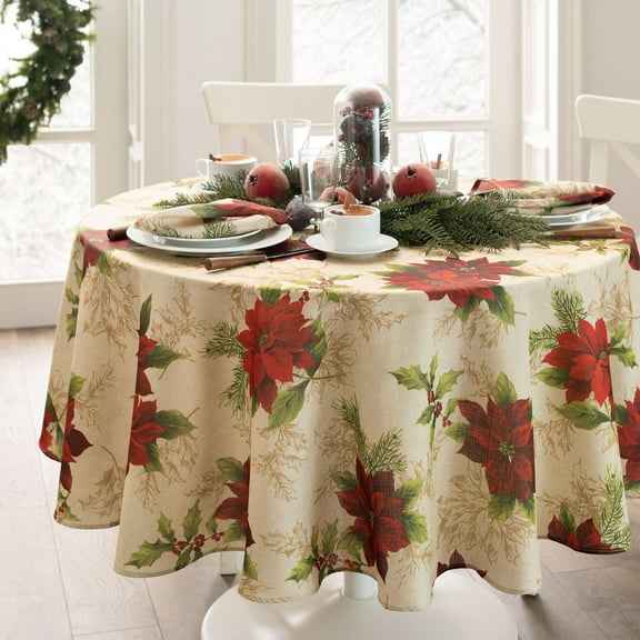 Elrene Home Fashions Festive Poinsettia Holiday Fabric Tablecloth