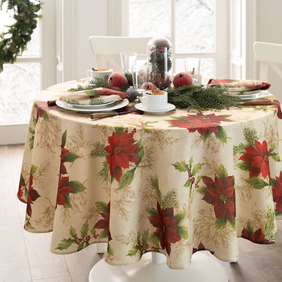 Elrene Home Fashions Festive Poinsettia Holiday Fabric Tablecloth, Multi, 70" x 70" Round