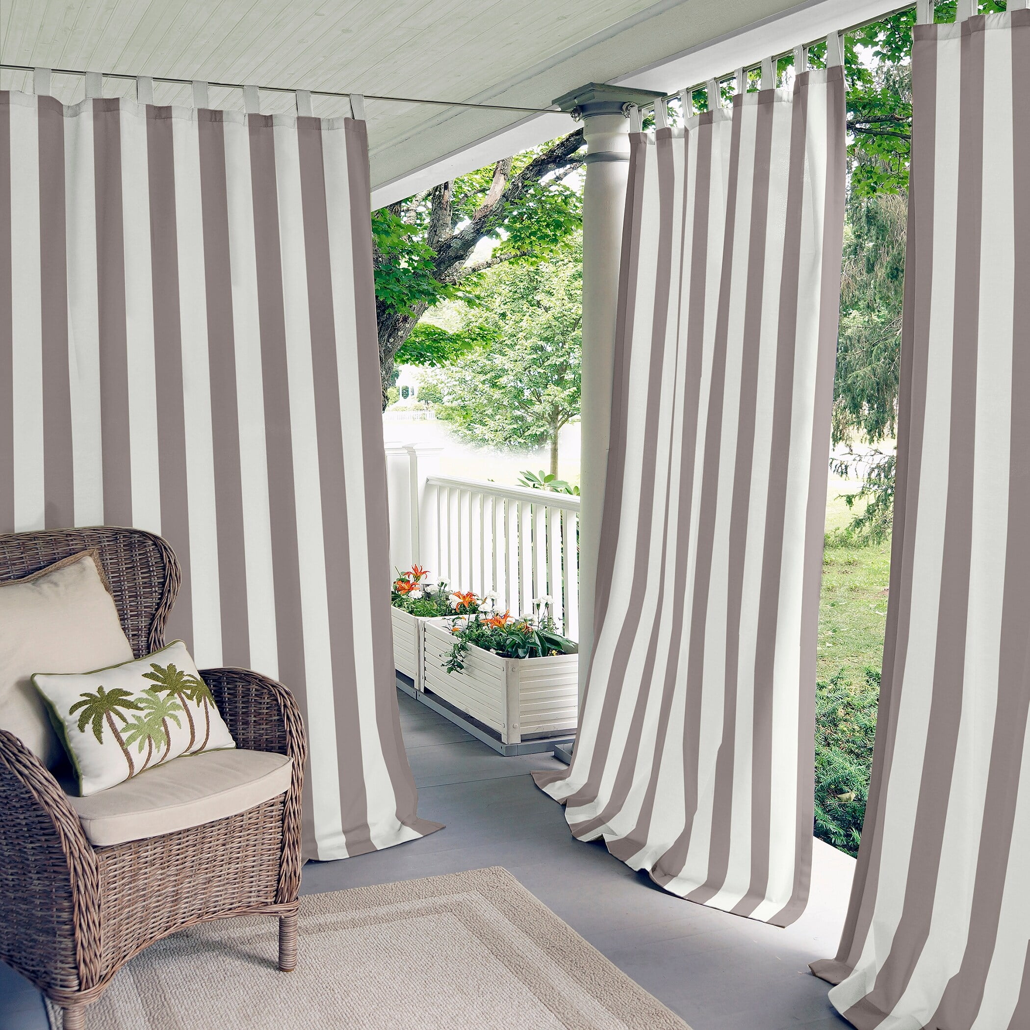 Gray and White Polyester Light-Filtering Tab Top Curtain Panel