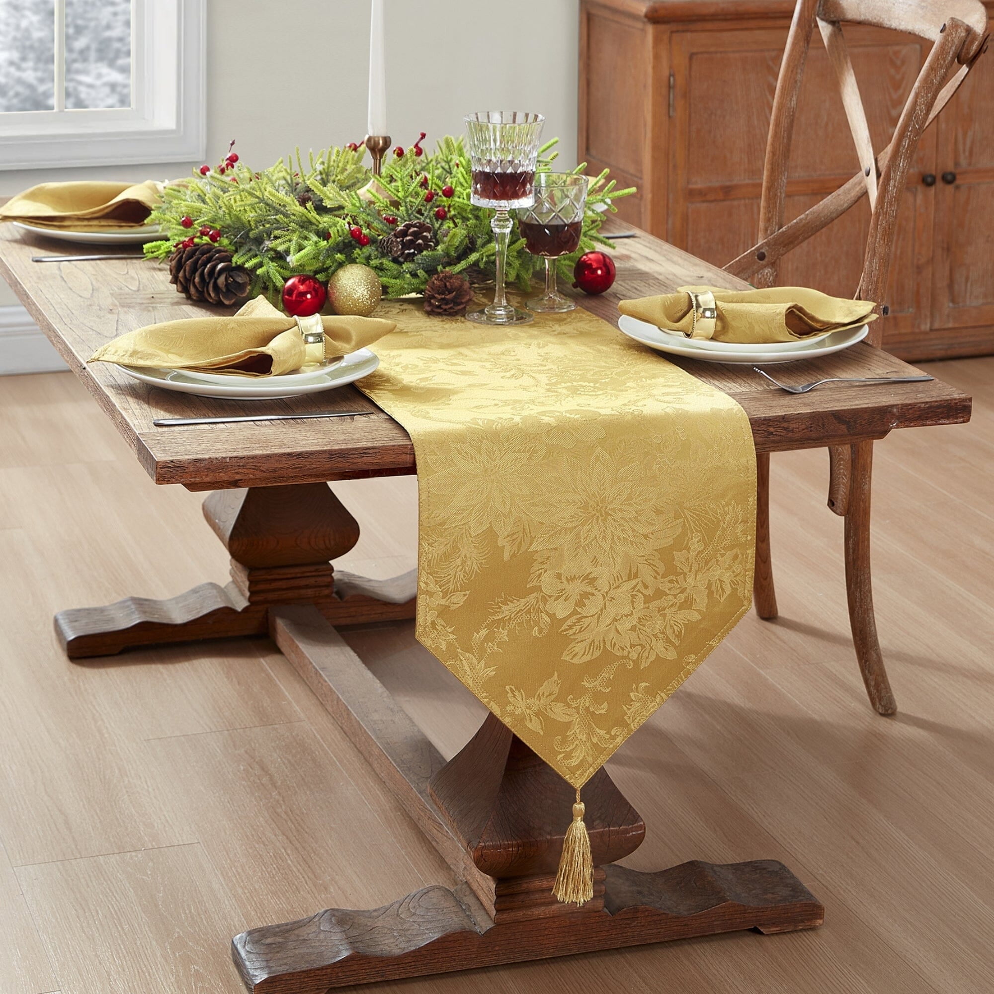 Gold Jacquard Holiday Table Runner with Tassels, 13" x 70"