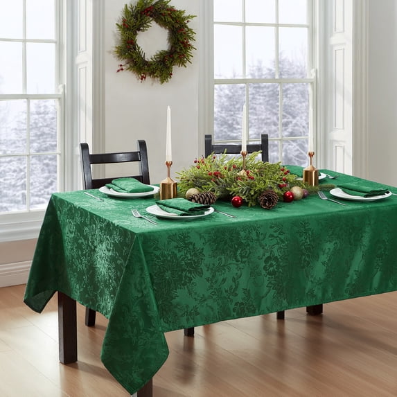 Elrene Home Fashions Poinsettia Elegance Jacquard Holiday Tablecloth, Green, 52" x 70" Rectangle