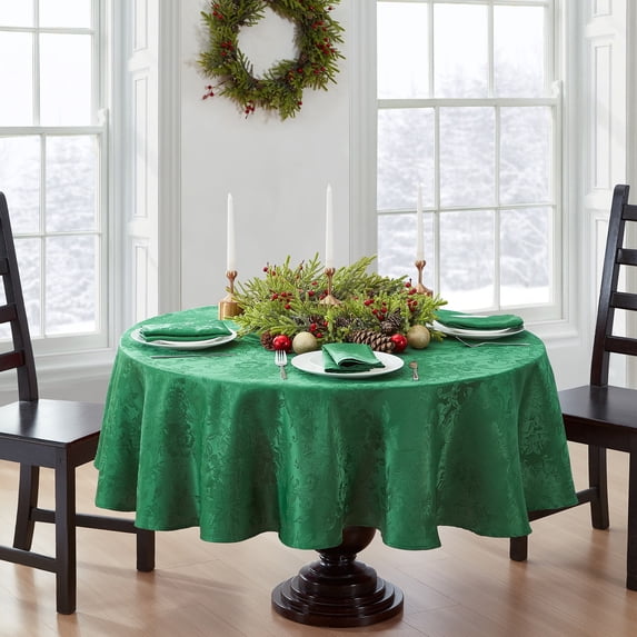 Elrene Home Fashions Poinsettia Elegance Jacquard Holiday Tablecloth, Green, 60" x 84" Oval
