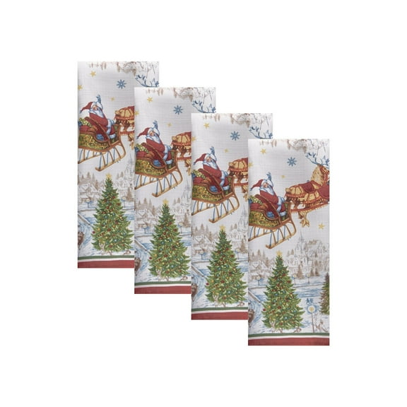 Elrene Home Fashions Santas Snowy Sleighride Napkins, Set of 4, 17"x17", Multi