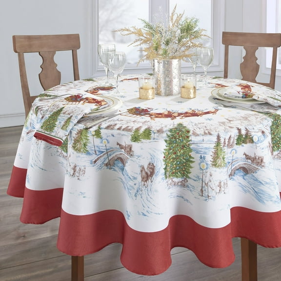 Elrene Home Fashions Santa’s Snowy Sleighride Tablecloth, 70" Round, Multi