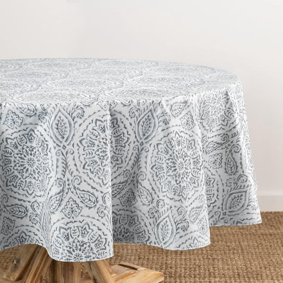 Elrene Home Fashions Savannah Boho Paisley Water- and Stain-Resistant Vinyl Tablecloth with Flannel Backing, 60 Inches X 84 Inches, Oval, Gray