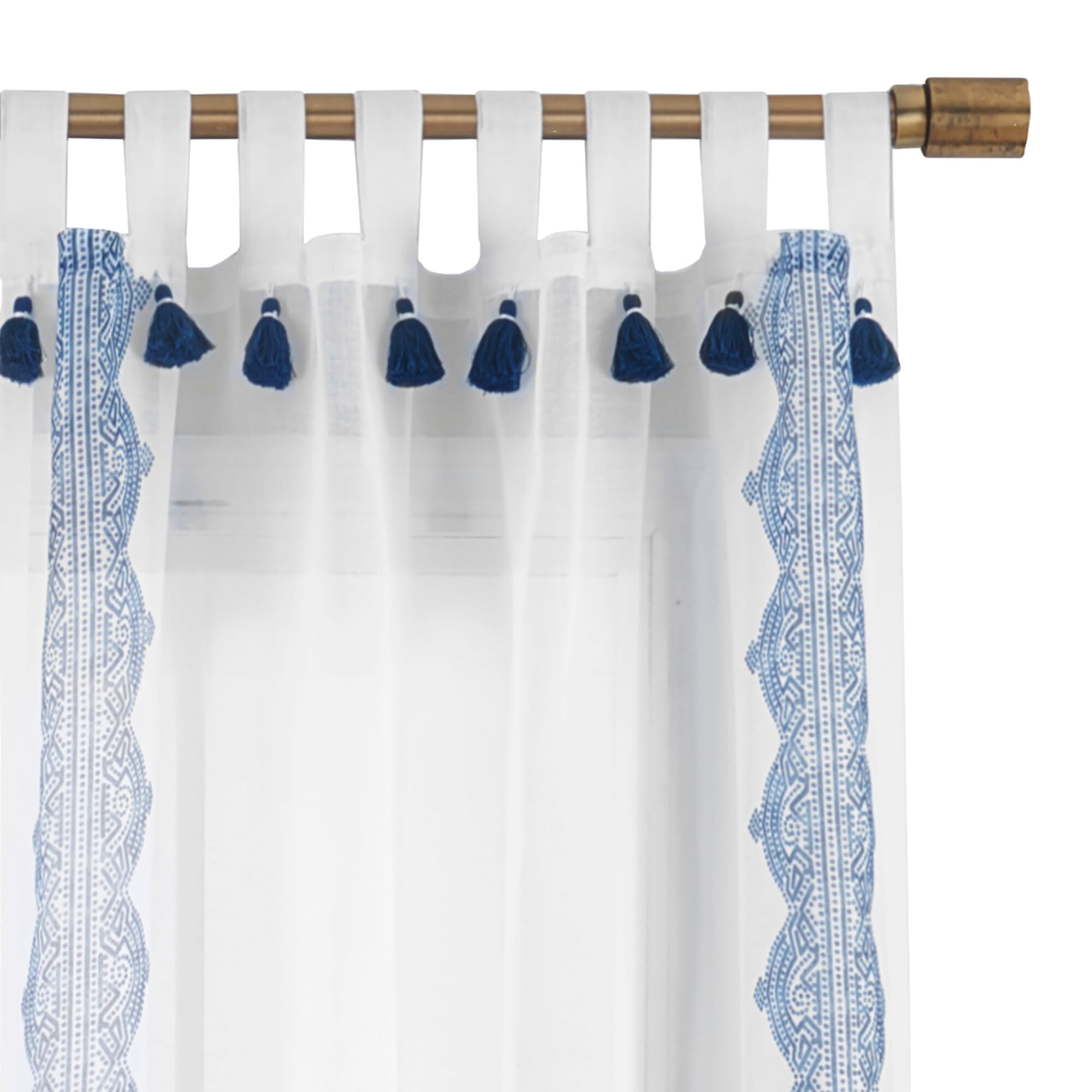 Indigo Sheer Tab Top Boho Tassel Window Curtain Panel