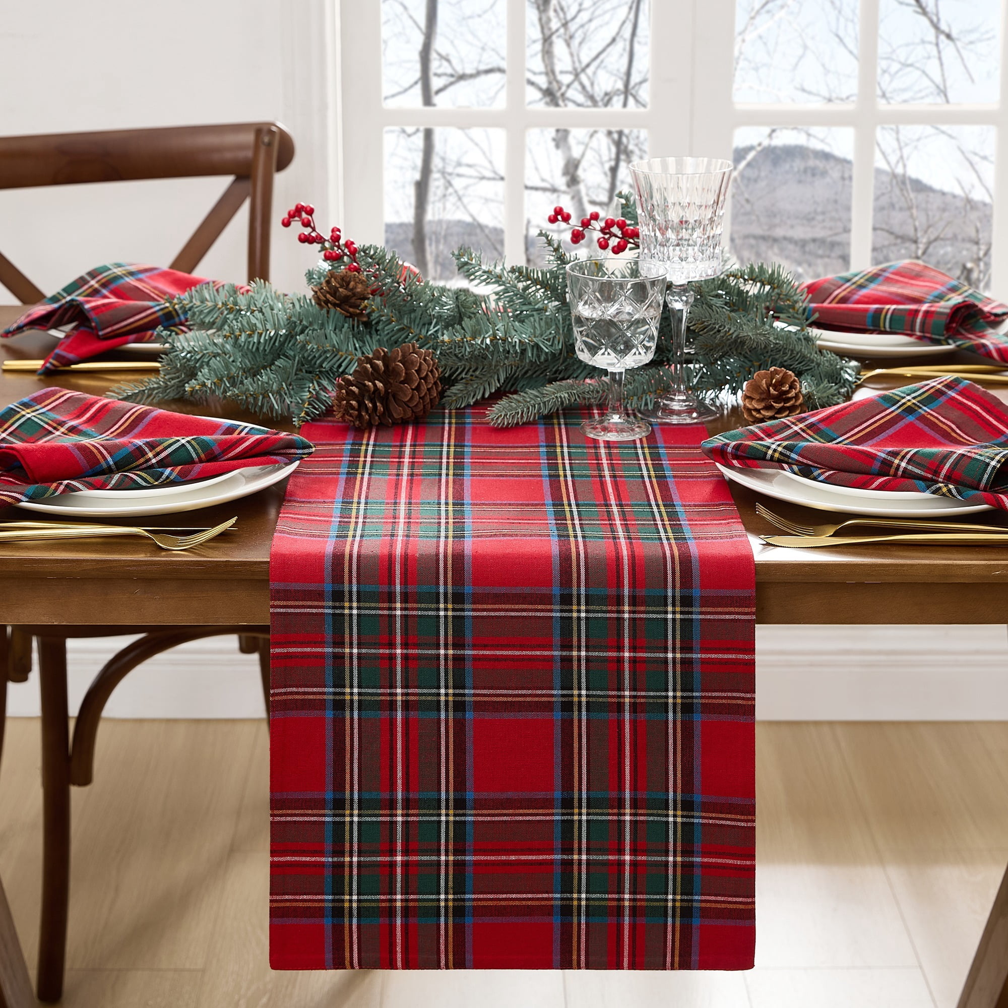Elrene Home Fashions Stowe Tartan Holiday Plaid Table Runner, Red, 13" x 70"