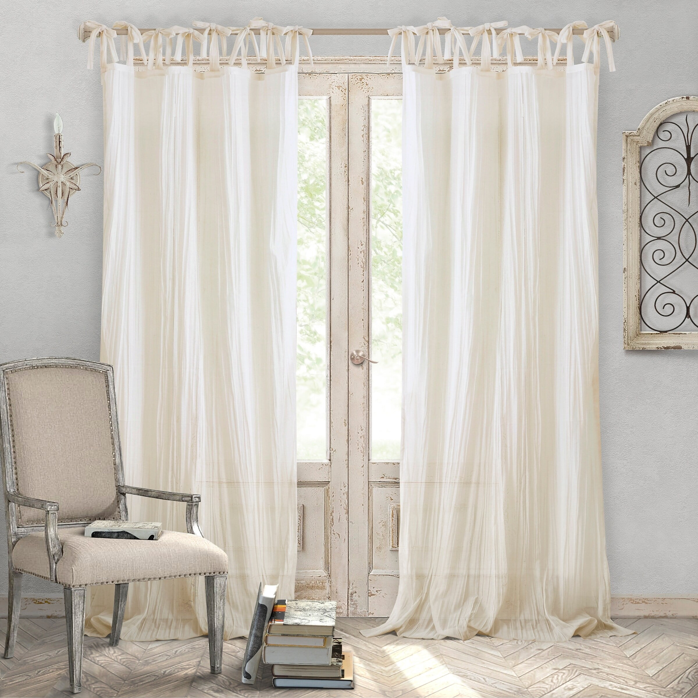 Ivory Polyester Tie Top Sheer Window Curtain Panel
