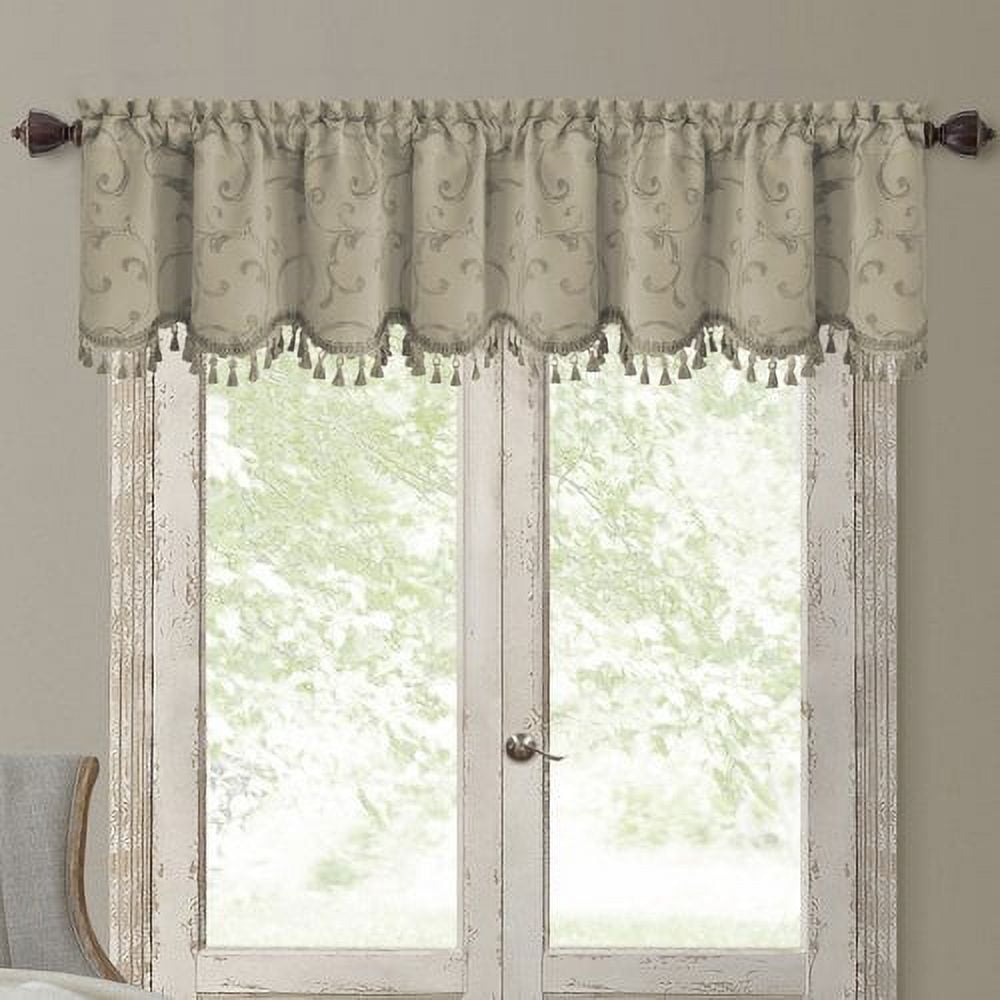 Natural Jacquard Scroll Blackout Valance with Tassel Trim