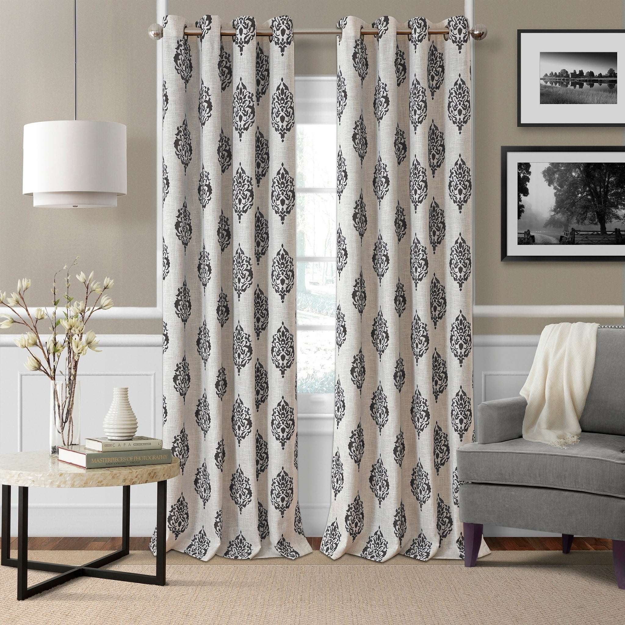 Black and Off-White Medallion Print Blackout Grommet Curtains