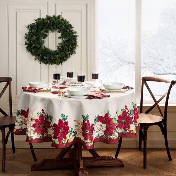 Elrene Poinsettia Garlands Engineered Tablecloth 60x84 Oval