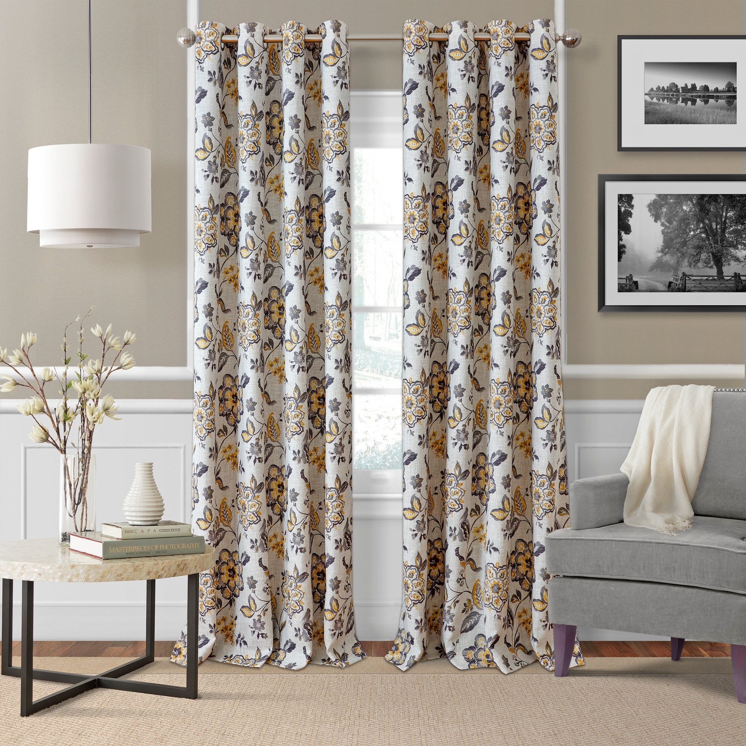Gray and Gold Jacobean Floral Blackout Window Curtain Panel 52" x 84"