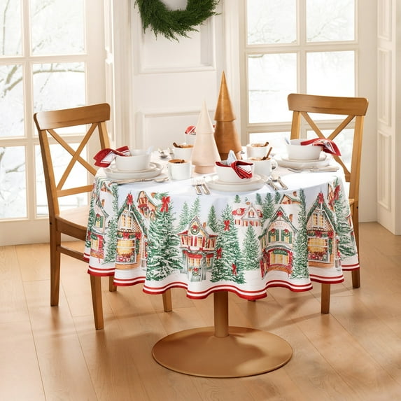 Elrene Storybook Christmas Village Holiday Tablecloth 70" Round