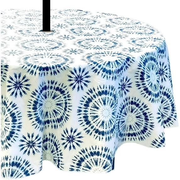 Elrene Summer Tie Dye Vinyl Tablecloths: Patio Table Umbrella Table Cover with Hole and Zipper, 70" Diameter Round (Blue, White)