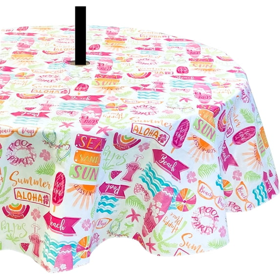 Elrene Summer Tropical Party Vinyl Tablecloths: Umbrella Hole with Zipper 70" Round, Aqua Blue Multi