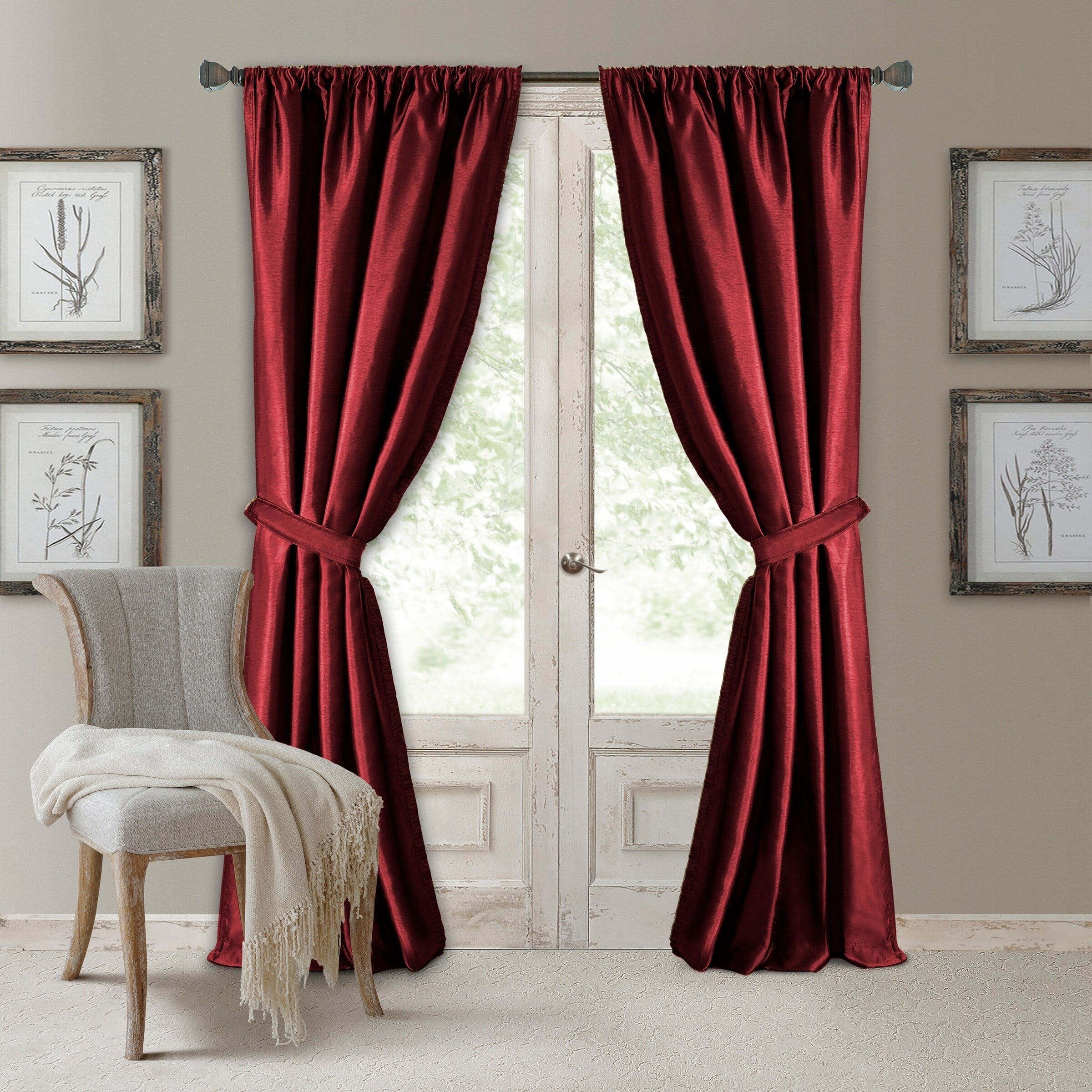 Rouge Faux Silk Room Darkening Curtain Panel with Tieback