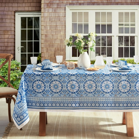 Elrene Vietri Medallion Blue Block Print Stain & Water Resistant Indoor/Outdoor Tablecloth 52x70