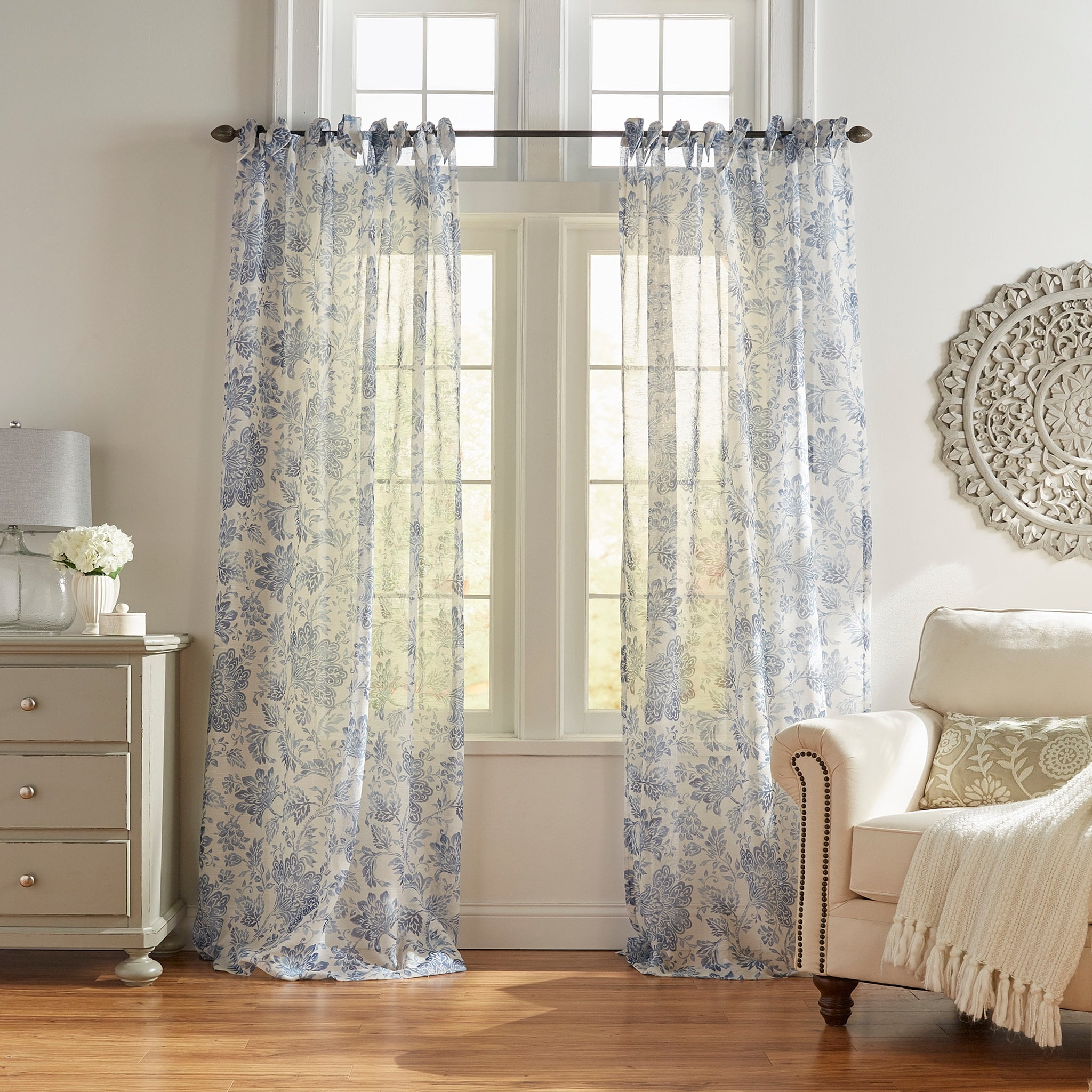 Indigo Floral Sheer Tie-Top Poly-Linen Window Panel, 52" x 84"