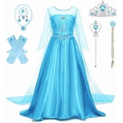 Elsa Dress for Girls Princess Dress Up Halloween Cosplay Elsa Costume Fancy Dress Birthday Outfit with Accessories
