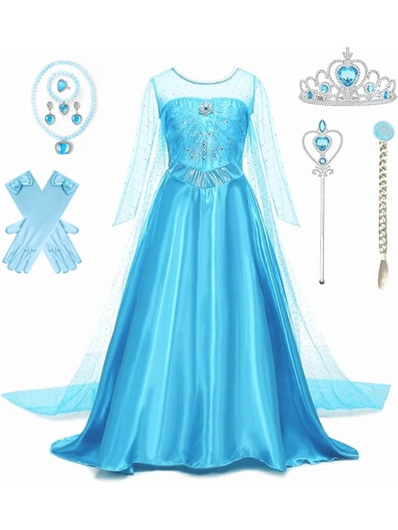 Elsa Dress for Girls Princess Dress Up Halloween Cosplay Elsa Costume Fancy Dress Birthday Outfit with Accessories
