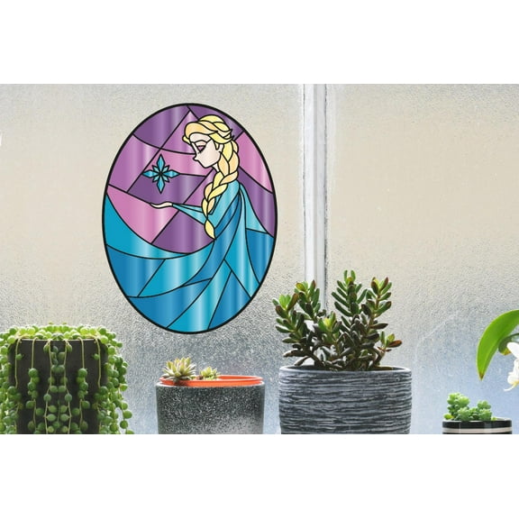 Elsa Frozen Cartoon Vinyl Stained Glass Film Static Cling Window Waterproof Decal for Girls Boys Kids Room Bedroom Nursery House Fun Home Decor Stickers Wall Art Vinyl Decoration (15x12 inch)