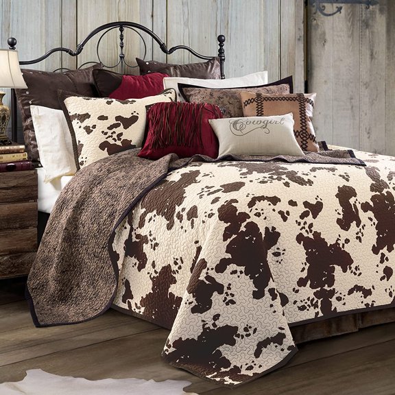 Elsa King Cotton Quilt Set, 3 Piece Western Bedding Set with Pillow Shams, Brown Cow Print Reversible Quilt, Soft Cozy Rustic Farmhouse Bedding, Lightweight Quilt, Southwestern Bedding