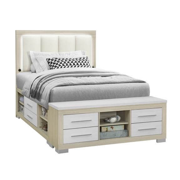 Elsa Natural and White Storage and LED Queen Bed