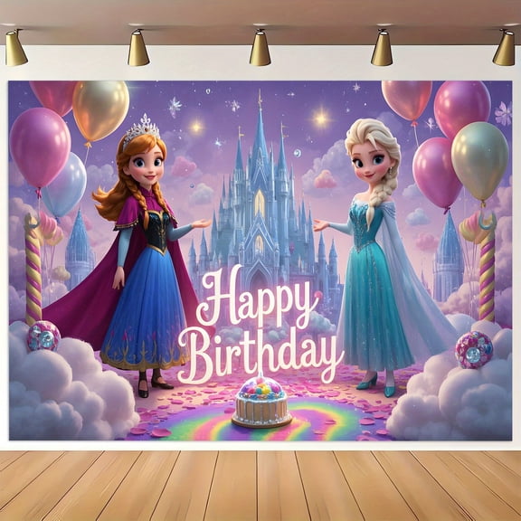 Elsa and Princess Anna Happy Birthday Party Background Cloth - Suitable for indoor and outdoor decoration during the New Year, Valentine's Day and Easter