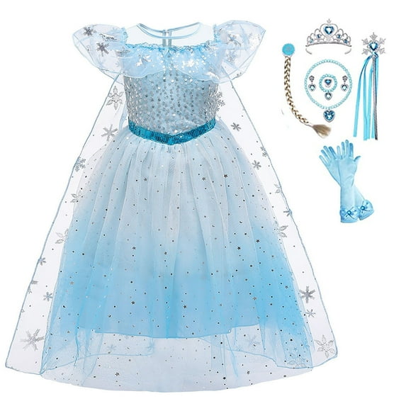 Elsa Princess Dresses for Girls Kids Birthday Party Dress Up with Accessories 3-9Years