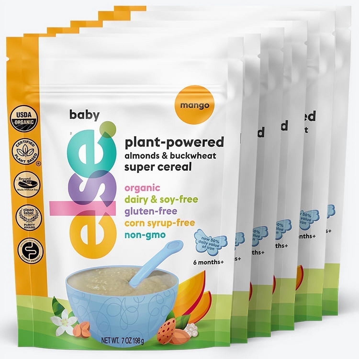 Else Nutrition Stage 1 Plant-Based Baby Cereal, Clean Label Certified, Mango, 6-Pack