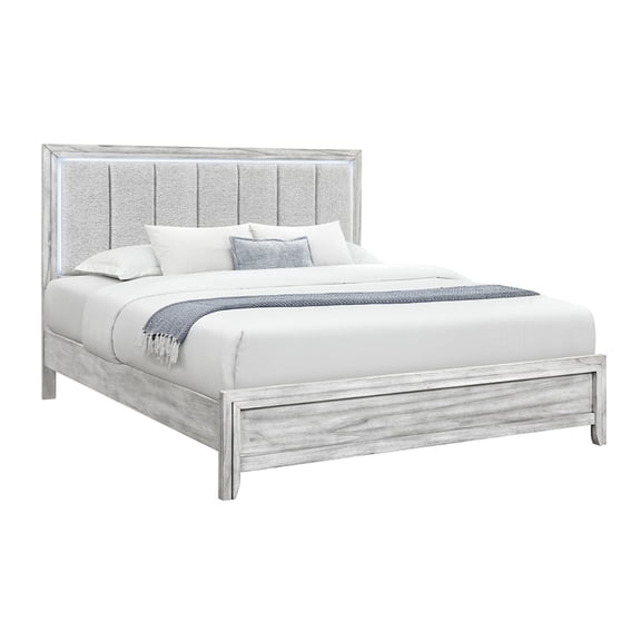 Elsie Washed Gray King Bed with Upholstered Headboard and LED Lighting