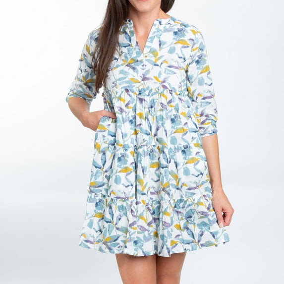 Elsie & Zoey Allegra XL Watercolor V-Neck 3/4 Sleeve Tiered Baby Doll Dress for Women