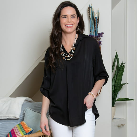 Elsie & Zoey Amaris Collared Relaxed Fit Half Sleeve V-Neck Blouse for Women