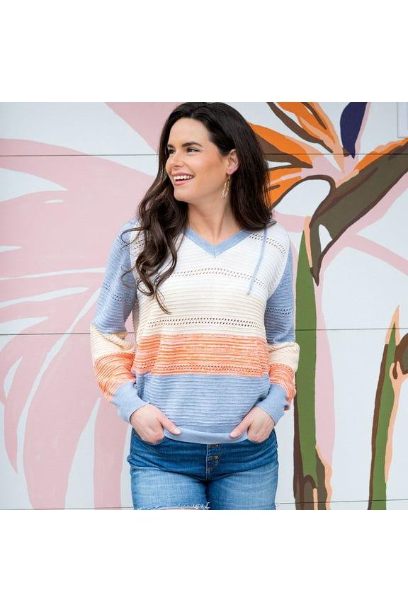 Avalon Crochet Color Block Long Sleeve Hooded Pullover for Women