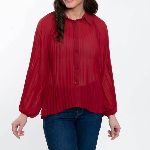 Elsie & Zoey Essie Pleated Long Sleeve Button Up Collared Blouse for Women