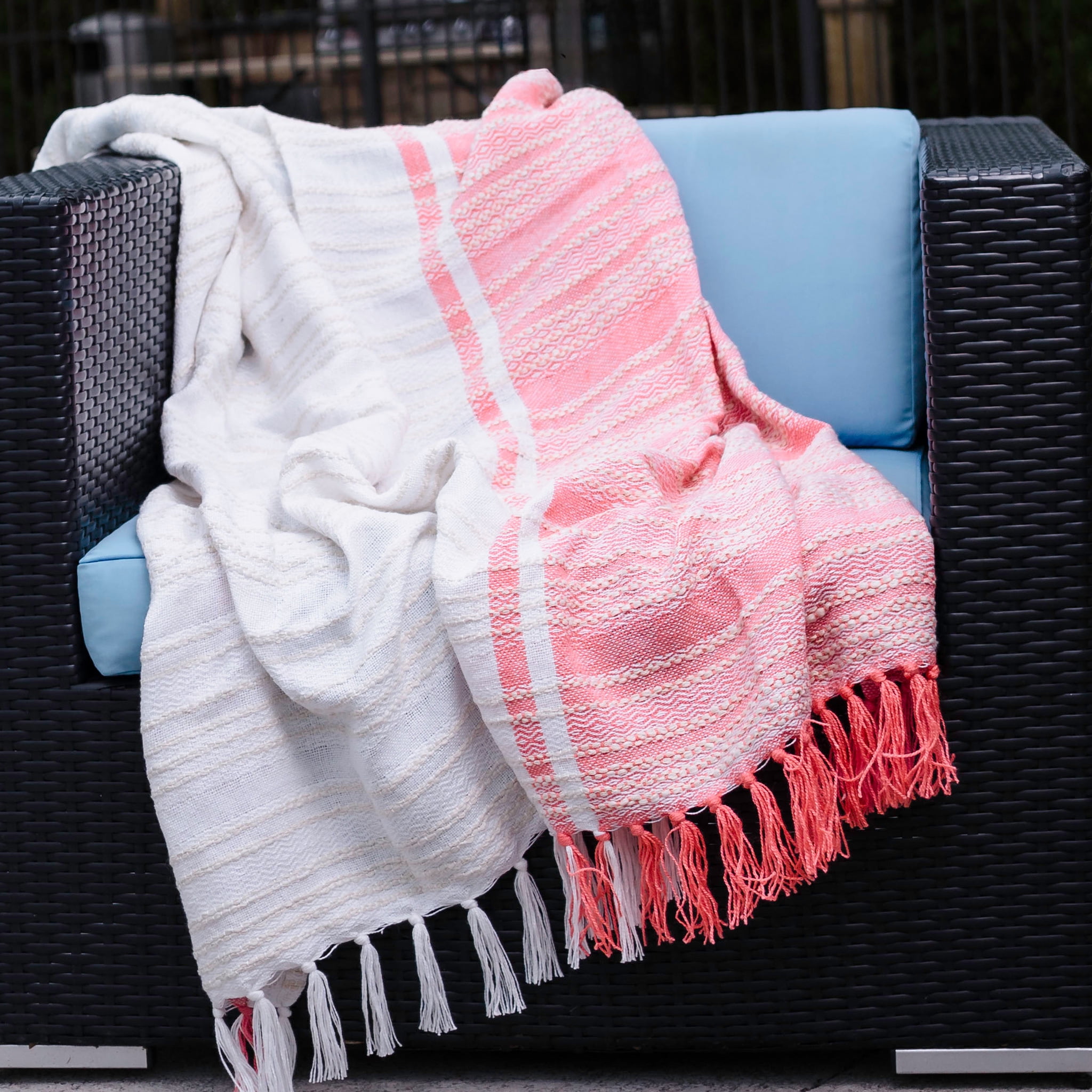 Genevieve Pink and White Recycled Woven Throw Blanket