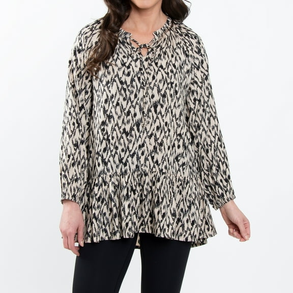 Elsie & Zoey Hollis Ruffle Long Sleeve Ikat V-Neck Tie Blouse for Women