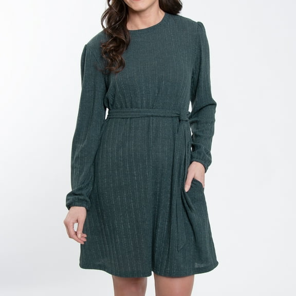 Elsie & Zoey Kyle Smokey Teal Ribbed Knit Bishop Sleeve Belted Dress for Women