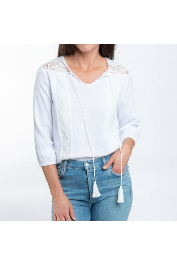 Larisa XL White Cotton Gauze 3/4 Bishop Sleeve Tie Blouse for Women