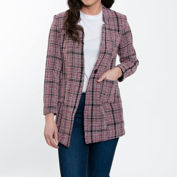 Elsie & Zoey Lyra Fully Lined Long Sleeve Plaid Long Length Boucle Blazer for Women
