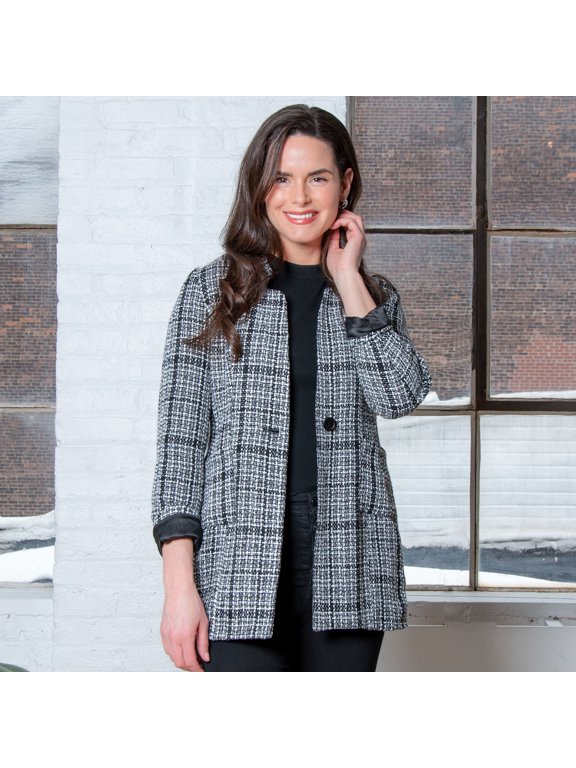 Lyra Fully Lined Long Sleeve Plaid Long Length Boucle Blazer for Women