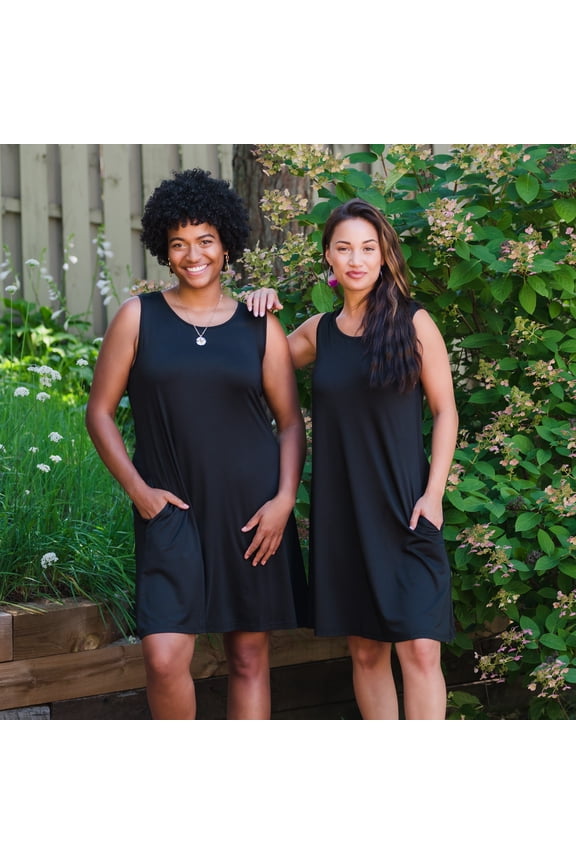S/M Black Scoop Neck Sleeveless Mid-Length Tank Dress with Pockets for Women
