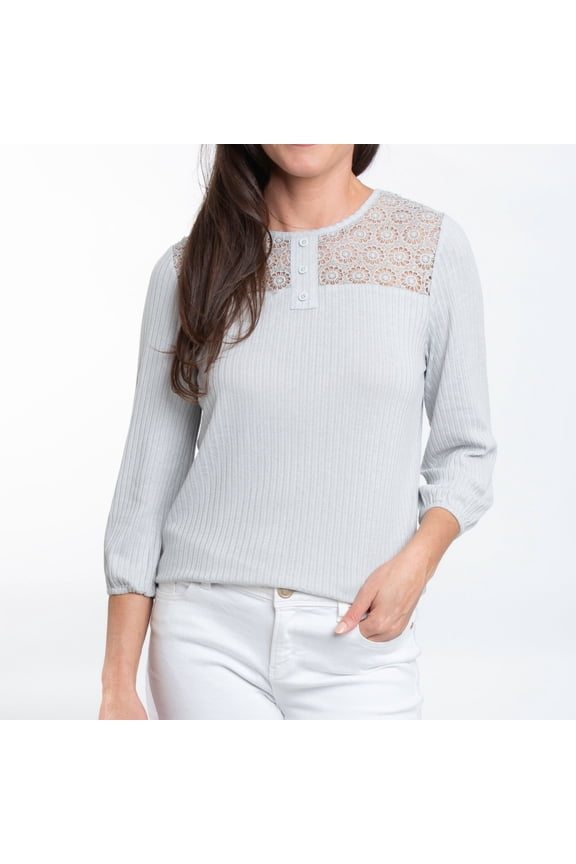Selena Large Light Gray 3/4 Sleeve Ribbed Jersey Henley Blouse for Women