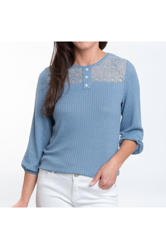 Selena Medium Slate Blue 3/4 Sleeve Ribbed Jersey Henley Blouse for Women