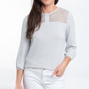 Elsie & Zoey Selena Small Light Gray 3/4 Sleeve Ribbed Jersey Henley Blouse for Women
